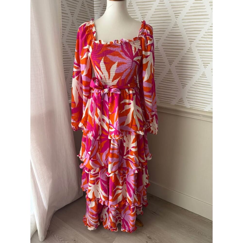 Peach Love Small Tropical Print Tiered Ruffle Smocked Long Sleeve Maxi Dress - Picture 2 of 7